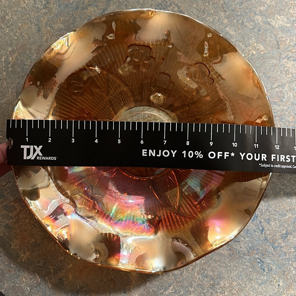 VINTAGE 1950'S MARIGOLD IRIDESCENT CARNIVAL GLASS BOWL - WAVY EDGE PATTERN - Picture 6 of 6